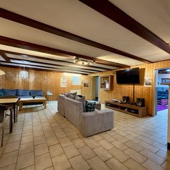 Blick in holzvertäfelten Raum mit Tisch, Sofas und TV